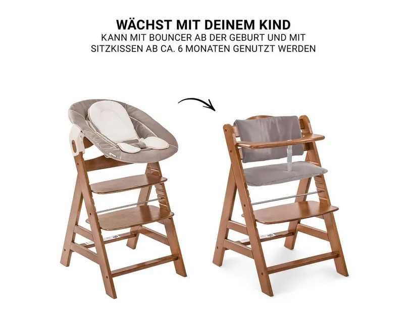 Hauck Hauck Hochstuhl Alpha Plus Newborn Set - Walnut, Holz Babyhochstuhl ab Geburt inkl. Neugeborenenaufsatz & Sitzauflage, Braun, – Produktbild 3 von 5