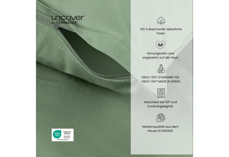 uncover by SCHIESSER Bettwäsche Soho aus weicher Baumwolle in gedeckten Uni-Farben, Renforcé, 2 teilig, OEKO-TEX® MADE IN GREEN, Grün, – Produktbild 2 von 5