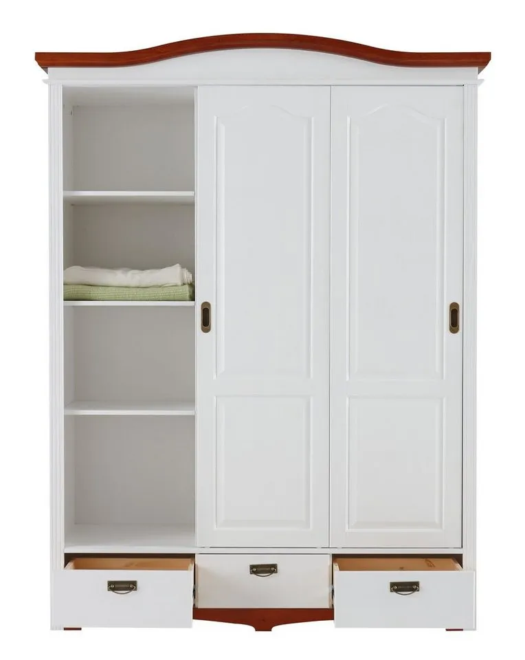 OTTO home Schiebetürenschrank Konrad, Landhausstil, rustikal, mit Schubladen + Spiegel, Kassetten (3 Breiten: 153/202/249 cm H/T ca.207/64 cm) massive Kiefer, FSC®-zertifiziert, Messinggriffe, mehrere Varianten, Weiß, – Produktbild 5 von 5