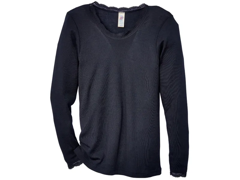 Engel natur Engel Natur Damen Langarmshirt mit Spitze Wolle Seide schwarz Gr.42/44, Schwarz, – Produktbild 1 von 2
