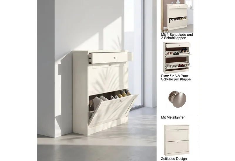 OTTO home Schuhschrank Heide Breite 90cm, mit Schubkasten, 2 Klappen und Facettenfront, Höhe 103cm, Weiß, – Produktbild 4 von 8