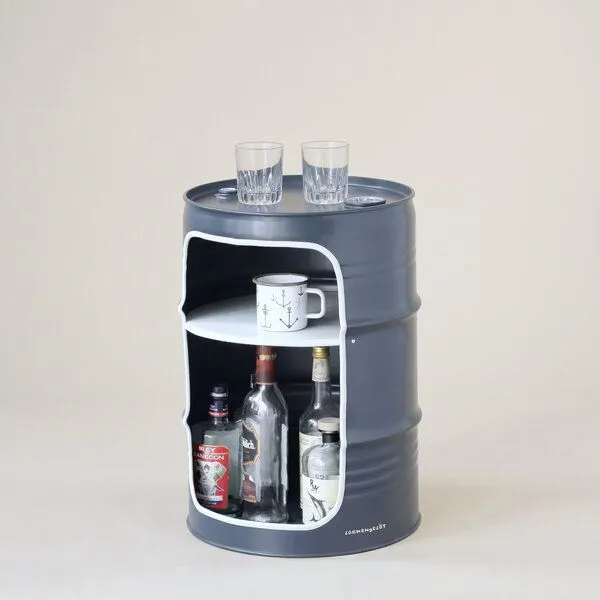 Lockengelöt Lockengelöt Minibar aus einem kleinen Ölfass, Schiefergrau (gepulvert), – Produktbild 3 von 3