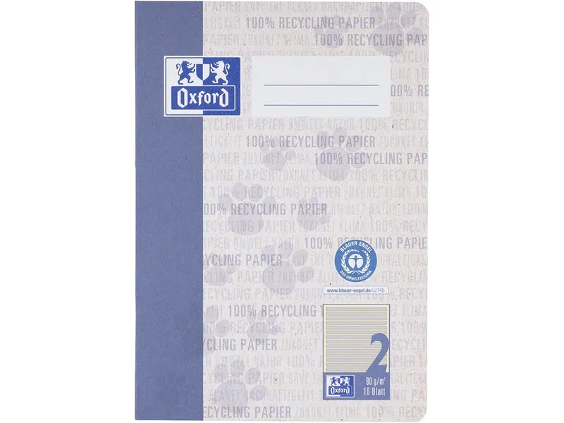 OXFORD OXFORD Recycling-Schulheft DIN A5, 16 Blatt, Lineatur 2 (Kontrastlineatur), 90 g/m² – Produktbild 1 von 1