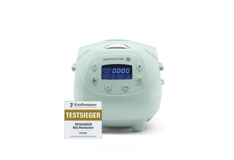 Reishunger Reishunger Reiskocher Digital Mini – 0,6 L – Multikocher – 8 Programme – Keramikbeschichtung, 350 W, Dämpfeinsatz, Messbecher, Reislöffel, Timer- und Warmhaltefunktion, Grün, – Produktbild 6 von 6