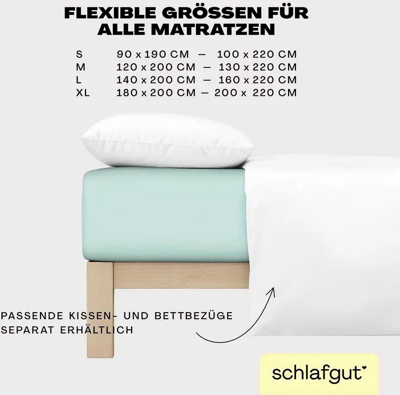Schlafgut Schlafgut Spannbettlaken EASY JERSEY ELASTHAN Bettlaken, 170 g/m², 95% Baumwolle, 5% Elasthan, Jersey, Gummizug: rundum, (1 Stück), Spannbettlaken bis 30 cm Höhe, bügelfrei, pflegeleicht, perfekter Sitz, Blau, – Produktbild 1 von 5