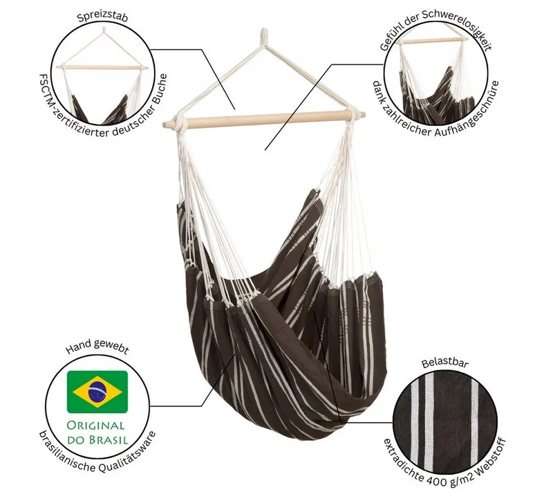 amazonas amazonas Hängesessel Brasil KingSize Hängestuhl (Belastbarkeit 150 kg, Handgefertigt, aus recycelten Materialien), Große Sitzfläche, Braun, – Produktbild 1 von 4
