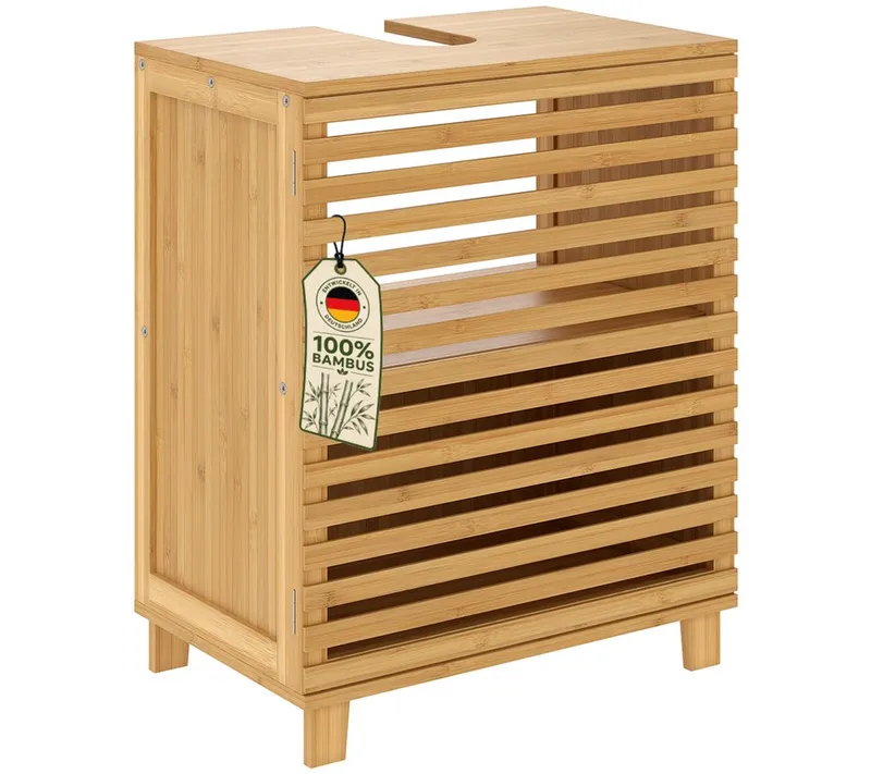Bellamio Waschbeckenunterschrank Newa, Badezimmerschrank mit zwei Ablagefächern (mit Flügeltüren, 1-St) aus natürlichem Bambus, robst und langlebig, Braun, – Produktbild 4 von 8