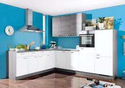 Express Küchen Express Winkelküche Plan Eiche Weiß/Eiche Grau Nachbildung 245 x 295 cm – Produktbild 1 von 1
