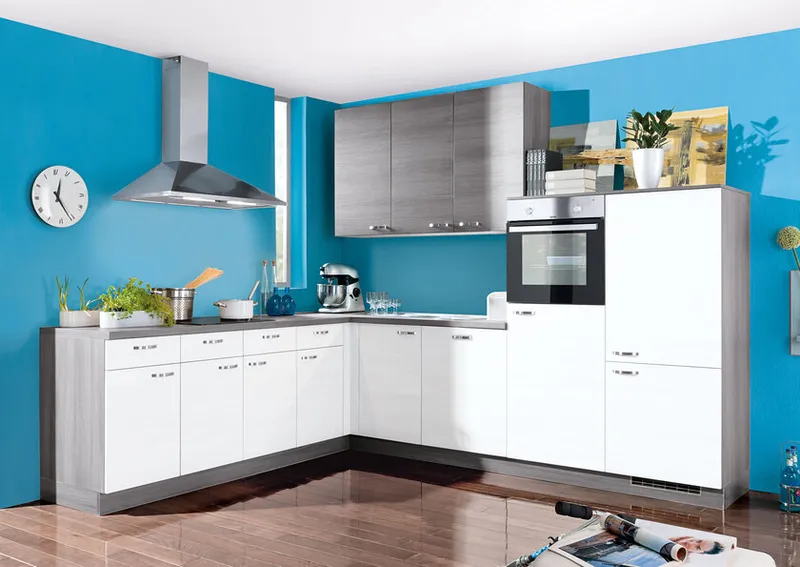 Express Küchen Express Winkelküche Plan Eiche Weiß/Eiche Grau Nachbildung 245 x 295 cm, Grau, – Produktbild 1 von 2