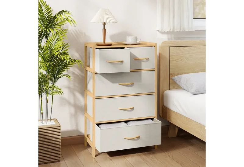 KOMFOTTEU Kommode, 5-Schubladen Bambus-Schubladenschrank Aufbewahrungsturm, Beige, – Produktbild 2 von 5