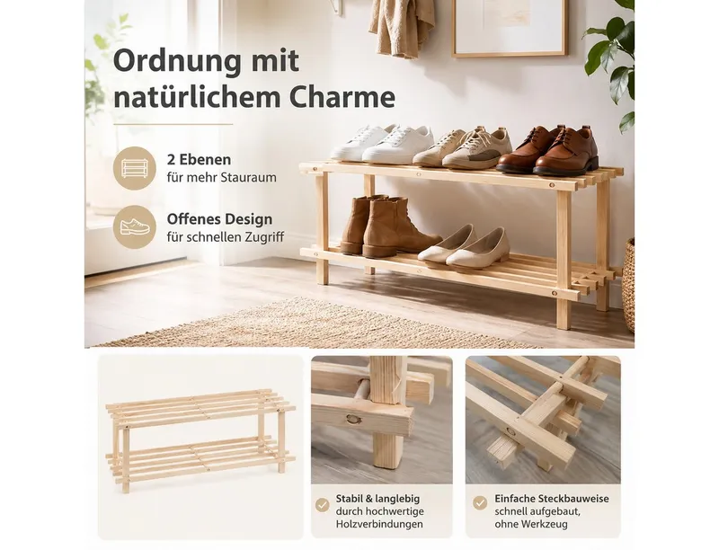 Testrut Testrut Schuhregal Schuhregal, Holz, 2 Ebenen, 1-tlg., Braun, – Produktbild 2 von 5