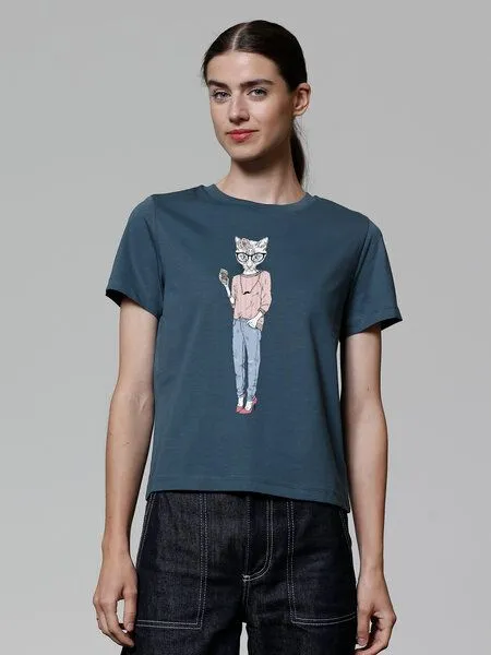 watapparel watapparel T-Shirt Frauen Hipster Cat with Moustache, Stargazer, – Produktbild 2 von 3