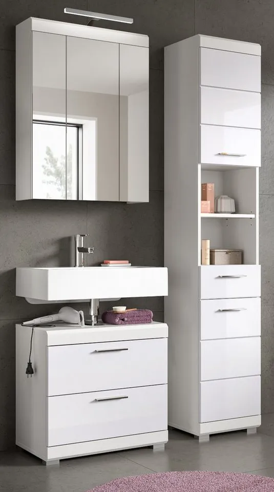 Inn.Furn Hochschrank Shawn (Badschrank in weiß Hochglanz, 2-türig, 37 x 191 cm) mit Schublade und 6 Fächern, Weiß, – Produktbild 4 von 5