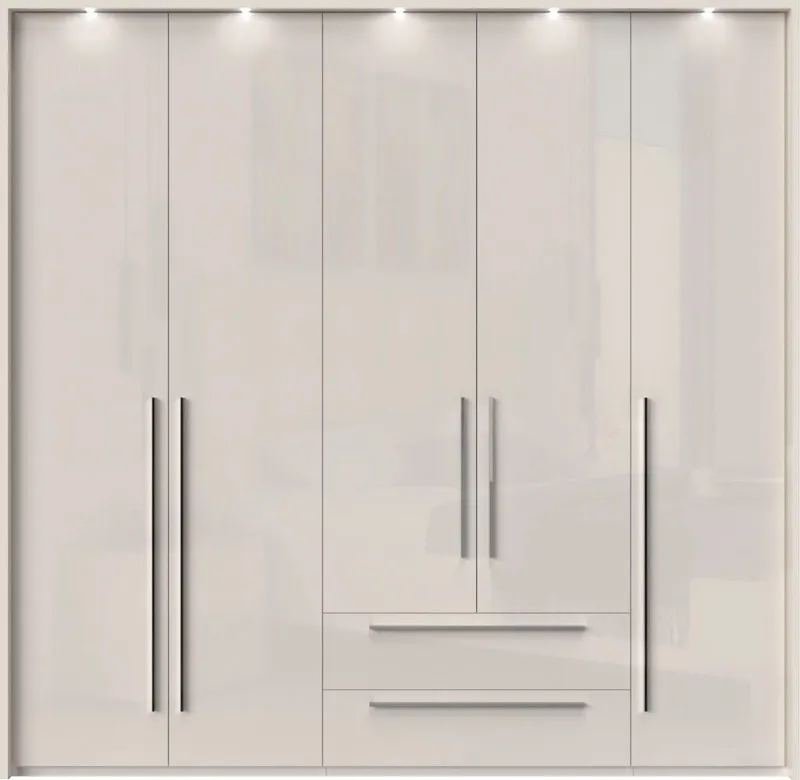 OTTO home Drehtürenschrank Piano, inklusive Rahmen und Beleuchtung, soft-close-Funktion (viele Breiten zur Auswahl, 226cm hoch, mit jeweils 2 Schubladen) beige oder weiß, UV lackiert, Hochglanzfronten, FSC-zertifiziert, Beige|grau, – Produktbild 8 von 8