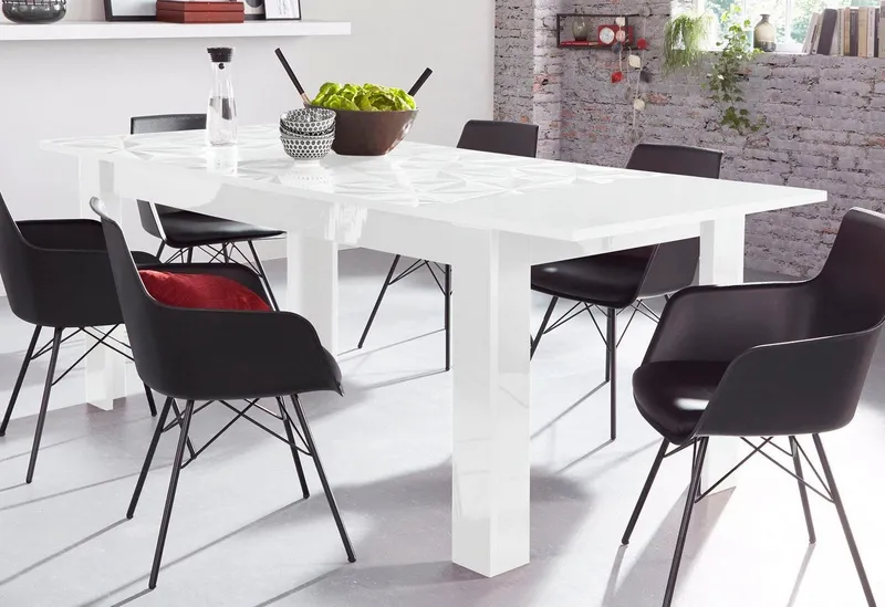 Home affaire Esstisch Prisma 137x90 cm, Esszimmertisch, ausziehbar, erweiterbar auf 185 cm, rechteckig,Tischplatte Stärke 22 mm u. mit elegantem Siebdruck, Weiß, – Produktbild 3 von 5