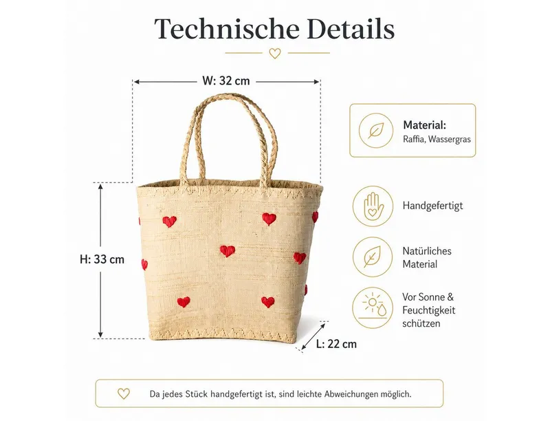 RICE RICE Basttasche Rice Raffia Tasche mit Herz Design, handgefertigt, Natur/Rot (1-tlg., Raffia Tasche), Beige|goldfarben, – Produktbild 5 von 5