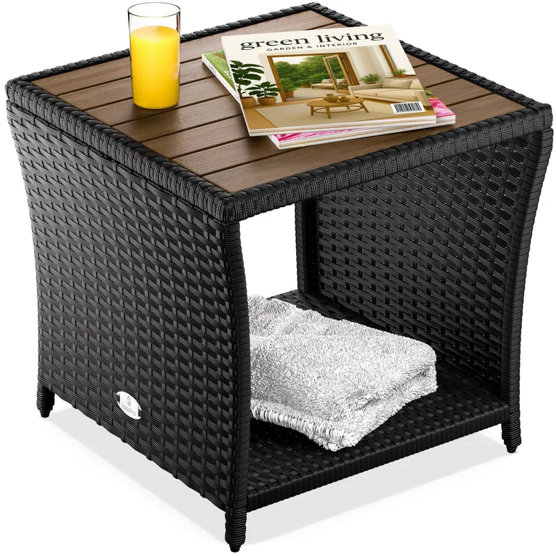 Casaria® Polyrattan Beistelltisch Schwarz 40x45x45cm Akazienholz – Produktbild 1 von 2