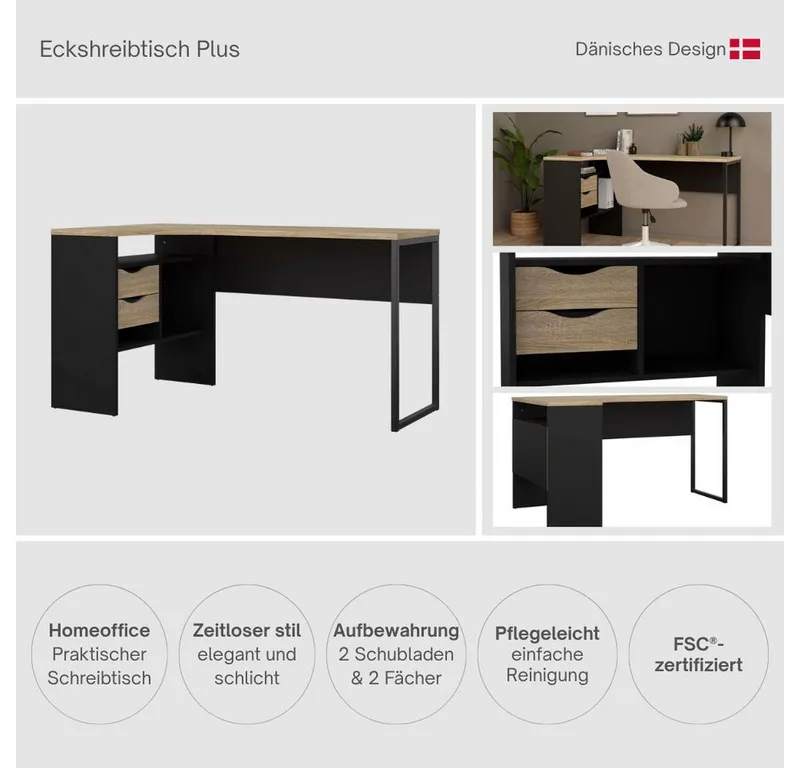 Home affaire Eckschreibtisch Plus, Schreibtisch mit vielen Stauraummöglichkeiten, Gestell aus Metall, Weiß, – Produktbild 4 von 5