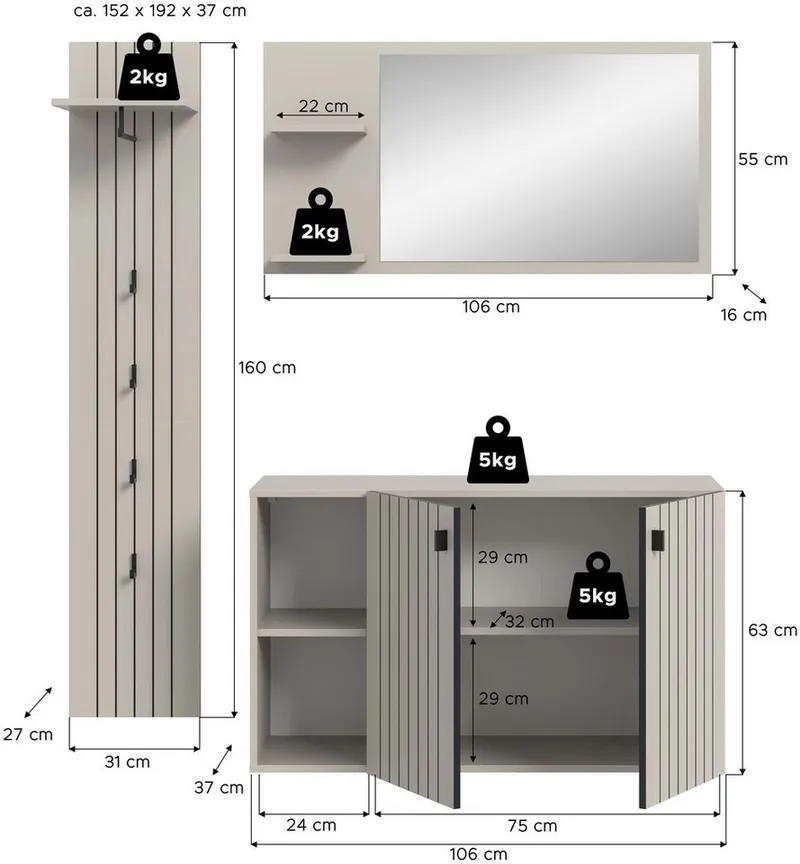 xonox.home Garderoben-Set, (3-tlg. Schuhkommode, Garderobenspiegel & Garderobenpaneel), in Kaschmir Nachbildung B/H/T ca.: 152/192/37 cm, Braun, – Produktbild 5 von 5