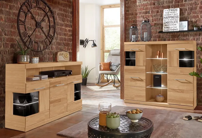 OTTO home Sideboard Ribe,130cm breit,Fronten Massivholz,2Türen mit gehärtetem Glaseinsatz, Korpus aus Holzwerkstoff, Metall Griffe,7 Fächer, Böden versetzbar, Braun, – Produktbild 8 von 8
