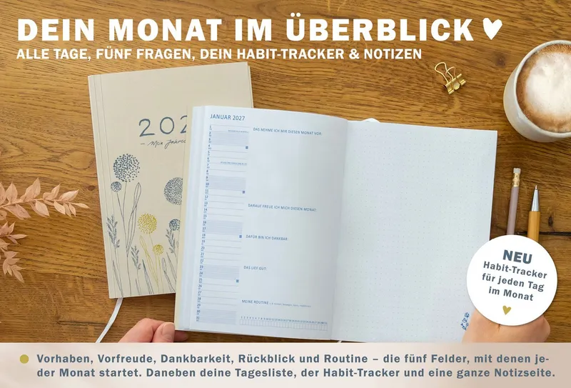 Eine der Guten Verlag Terminkalender Terminkalender Terminplaner 2027 - 365 gute Tage A5, Creme Blau, 1 Seite/ Tag, 408 S. FSC-Papier, Softcover, klimaneutral, Beige|blau|gelb|rot, – Produktbild 5 von 5