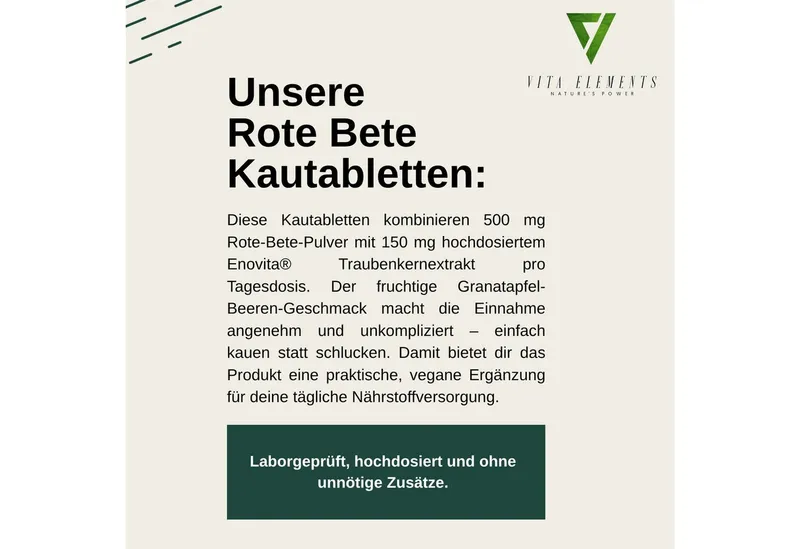Vita Elements Super Rote Bete Gummies - Mit Enovita Traubenkernextrakt, 60 Kaubonbons, 1 er Packung à 60 St., Granatapfel-Beeren-Geschmack, Vegan, Gentechnikfrei und Laborgeprüft – Produktbild 2 von 5