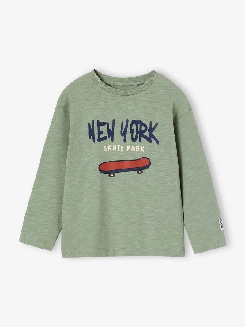 Vertbaudet Jungen Shirt mit Flockprint und Baumwolle salbei, Salbeigrün, – Produktbild 1 von 4
