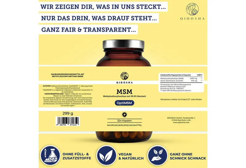 QIDOSHA MSM Kapseln OptiMSM® 2400 mg Hartkapseln, 1 er 324 St., 299 g, Organischer Schwefel mit OptiMSM® – Produktbild 4 von 5