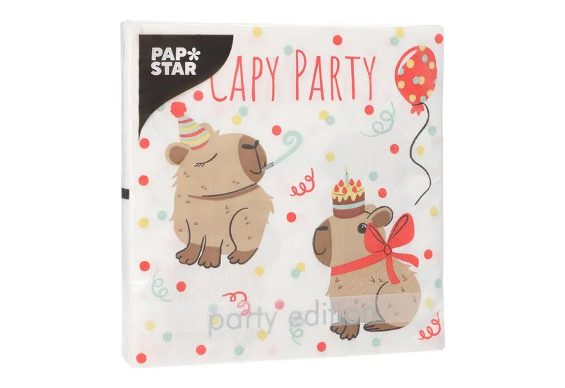 PAPSTAR PAPSTAR Papierserviette, Servietten Papier 33x33cm 3-lagig mit Capybara Party Motiv 20 Stück, Braun|rot|weiß, – Produktbild 2 von 2