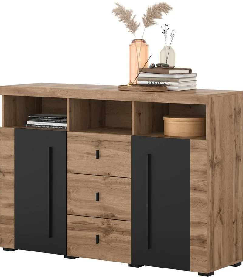 OTTO home Sideboard Roger,Breite 132cm, stilvolle Schrank, 2 Holztüren 3 Schubladen, Kommode mit viel Stauraum, Einlegeböden verstellbar, Beige|schwarz, – Produktbild 4 von 5
