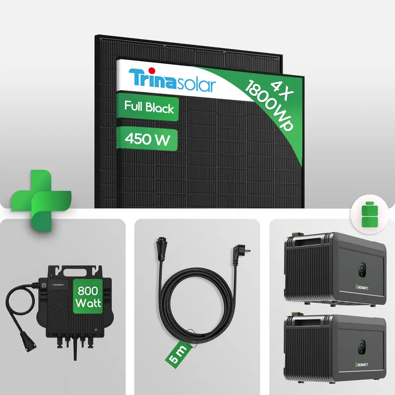 Growatt PV Set - 1800Wp Balkonkraftwerk Mit 2 × NOAH 2000 Batterien + 600/800W Mikro Wechselrichter + Trina Vertex S+ 450W Solarmodul – Produktbild 1 von 1