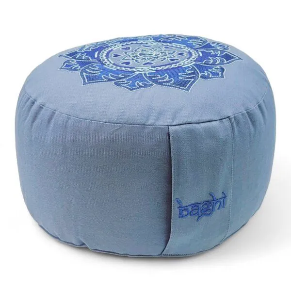 BAGHI BAGHI Meditationskissen Rund Om Bestickung - Sitzhöhe 15cm Bio-Baumwolle kbA, Kornblumenblau, – Produktbild 3 von 4