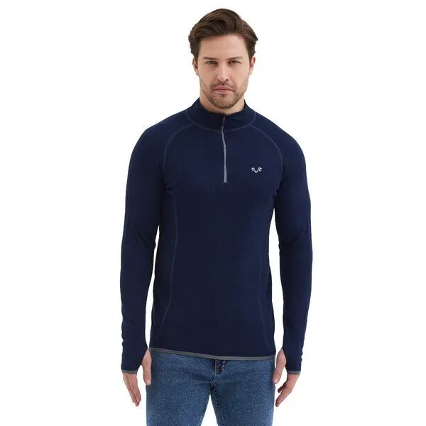 Woolona Woolona Langarmshirt - HALLDOR - 100% Merinowolle (Zip), Navy, – Produktbild 2 von 4