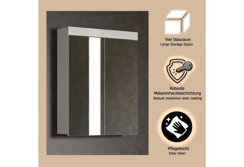 welltime Spiegelschrank Avena Badezimmerschrank wahlweise mit Aufsatzleuchte - (B/T/H) 60/17/77 cm, Weiß, – Produktbild 3 von 4