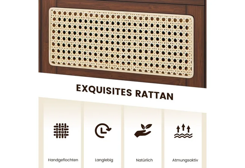 COSTWAY COSTWAY Nachttisch (1-St), mit Schublade und Glastischplatte, aus Bambus & Rattan, Braun, – Produktbild 4 von 5