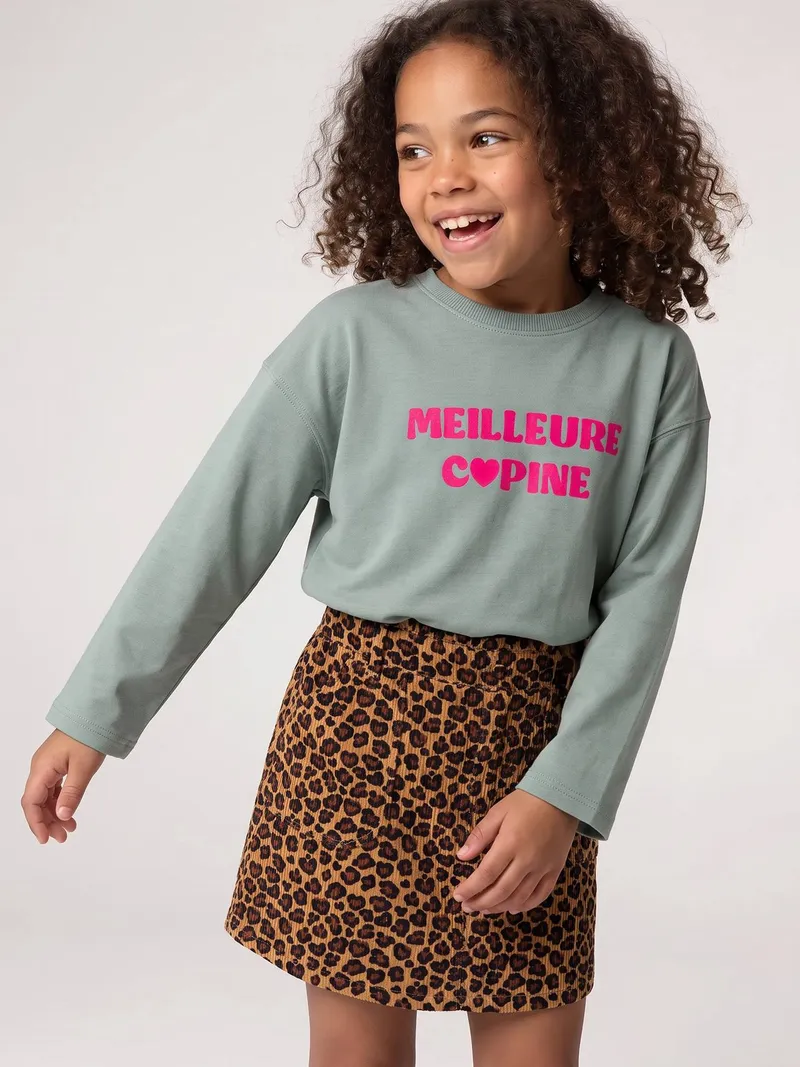 Vertbaudet Langarmshirt mit Flockprint Mädchen, Grün, – Produktbild 1 von 4