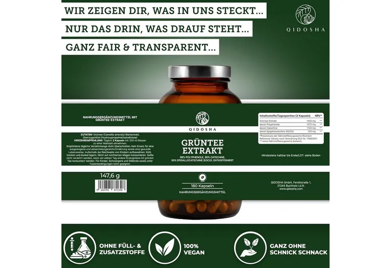 QIDOSHA Grüntee-Extrakt (entkoffeiniert) Kapseln, 1 er 180 St., 66.6 g, 98 % Polyphenole und 50 % EGCG – Produktbild 5 von 5
