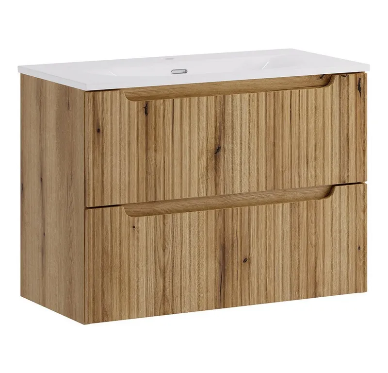 Lomadox Waschtisch NEWPORT-56-EVOKE, 80 cm breit, Eiche mit gerillter Front, 2 Schubladen, Braun, – Produktbild 1 von 5