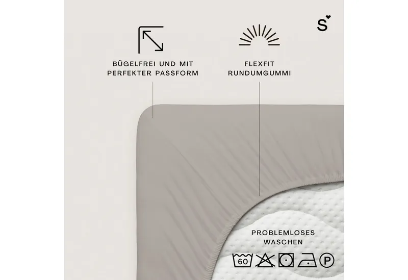Schlafgut Schlafgut Spannbettlaken Basic Cotton Bettlaken, 160 g/m², 100% Baumwolle, Spannbetttuch, Jersey, Gummizug: rundum, (1 Stück), Spannbettlaken bis 20 cm Matratzenhöhe, bügelfrei und pflegeleicht, Braun, – Produktbild 7 von 7