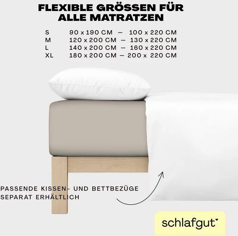 Schlafgut Schlafgut Spannbettlaken EASY JERSEY ELASTHAN Bettlaken, 170 g/m², 95% Baumwolle, 5% Elasthan, Jersey, Gummizug: rundum, (1 Stück), Spannbettlaken bis 30 cm Höhe, bügelfrei, pflegeleicht, perfekter Sitz, Beige, – Produktbild 1 von 8