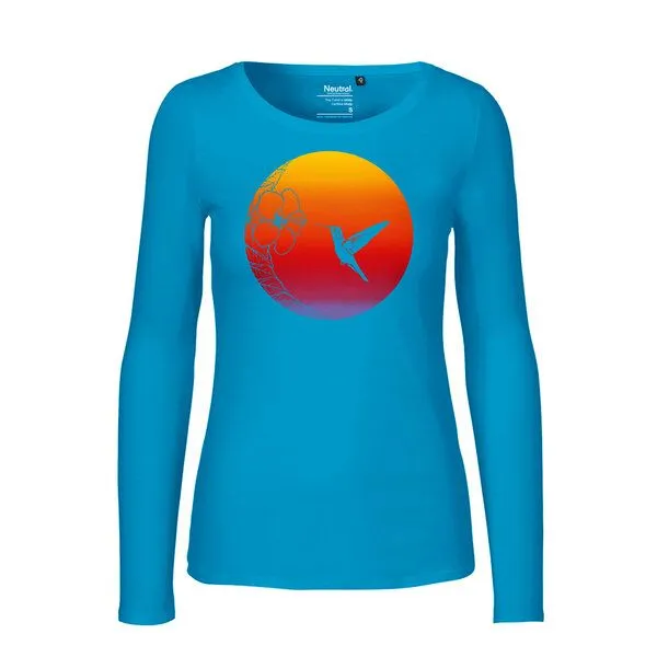 HANDGEDRUCKT HANDGEDRUCKT "Kolibri" Frauen Longsleeve aus reiner Biobaumwolle (kbA), Saphire, – Produktbild 1 von 3