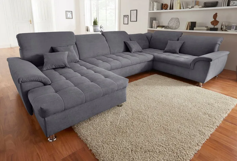 DOMO collection Wohnlandschaft FRANZI optional mit Bettfunktion, Bettkasten & Kopfteilverstellung, U-Form, Recamiere links, dunkelgrau, B/T: 352/214 cm, Grau, – Produktbild 1 von 5