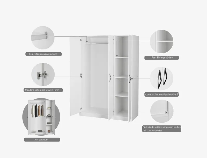 OTTO home Kleiderschrank Hamburg platzsparend in moderner Optik, FSC zertifiziert (mit durchdachter Innenaufteilung und viel Stauraum 117 cm Breite) Moderne Optik in weiß, robuste Verarbeitung für den Alltag, Weiß, – Produktbild 3 von 5