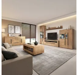 Lomadox Wohnzimmer-Set TURDA-83, (Mega-Spar-Set, 6-St., Couchtisch Highboard Lowboard Sideboard Vitrine Wandregal), Eiche Metallgriffe inkl. LED Beleuchtung Türen mit Softclose – Produktbild 1 von 1