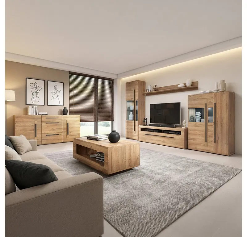 Lomadox Wohnzimmer-Set TURDA-83, (Mega-Spar-Set, 6-St., Couchtisch Highboard Lowboard Sideboard Vitrine Wandregal), Eiche Metallgriffe inkl. LED Beleuchtung Türen mit Softclose, Braun, – Produktbild 1 von 5
