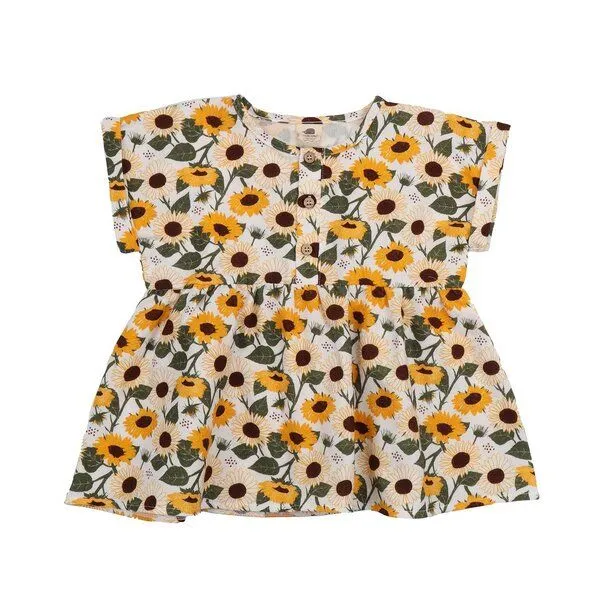 Walkiddy Walkiddy Mädchen Bluse GOTS zertifiziert, Bio-Baumwolle, „Sunflowers“, Blumenmuster, Kurzarm, leicht & weich, Blau, – Produktbild 1 von 3