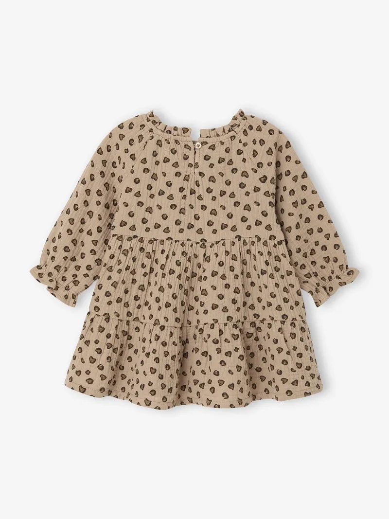 Vertbaudet Vertbaudet Mädchen Baby Volantkleid aus Baumwollmusselin leo, Taupe leo, – Produktbild 2 von 4