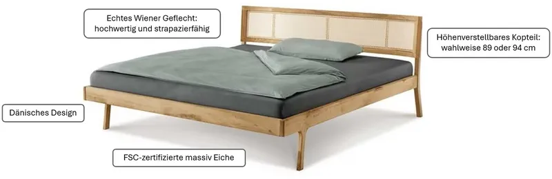 OTTO home Massivholzbett Hällevik, Kopfteil höhenverstellbar, Eiche massiv, mit Wiener Geflecht (mehrere Breiten), skandinavischer Stil, Made in EU, FSC®-zertifiziert, sehr stabil, Beige, – Produktbild 6 von 8