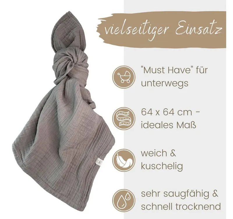 Babydecke Spucktücher, Mulltücher 4er-SET, 64x64 100% GOTS BIO-Baumwolle, DIKOS, PREMIUM Qualität atmungsaktiv, nachhaltig, plastikfrei, kuschelweich, Grau, – Produktbild 5 von 5