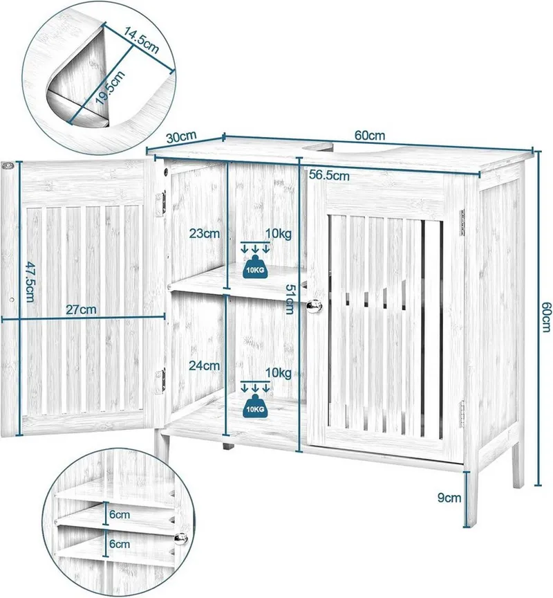 EUGAD Waschbeckenunterschrank (1-St) aus Bambus, Verstellbarer Einlegeboden, 60x60x30cm, Naturfarbe | korpus: naturfarbe | arbeitsplatte: naturfarbe, – Produktbild 3 von 5